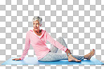 Flexibility, fitness and senior woman in yoga twist to stretch for old age health and wellness. Png, isolated background and yogi practice of a mature female for physical workout and wellbeing