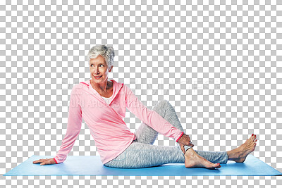 Flexibility, fitness and senior woman in yoga twist to stretch for old age health and wellness. Png, isolated background and yogi practice of a mature female for physical workout and wellbeing