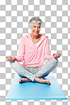 Yoga, fitness and portrait of a senior woman resting in lotus pose on a transparent, png background. Namaste, yogi and peace or calm or a mature female for tranquil exercise while isolated