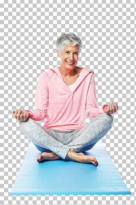 Yoga, fitness and portrait of a senior woman resting in lotus pose on a transparent, png background. Namaste, yogi and peace or calm or a mature female for tranquil exercise while isolated