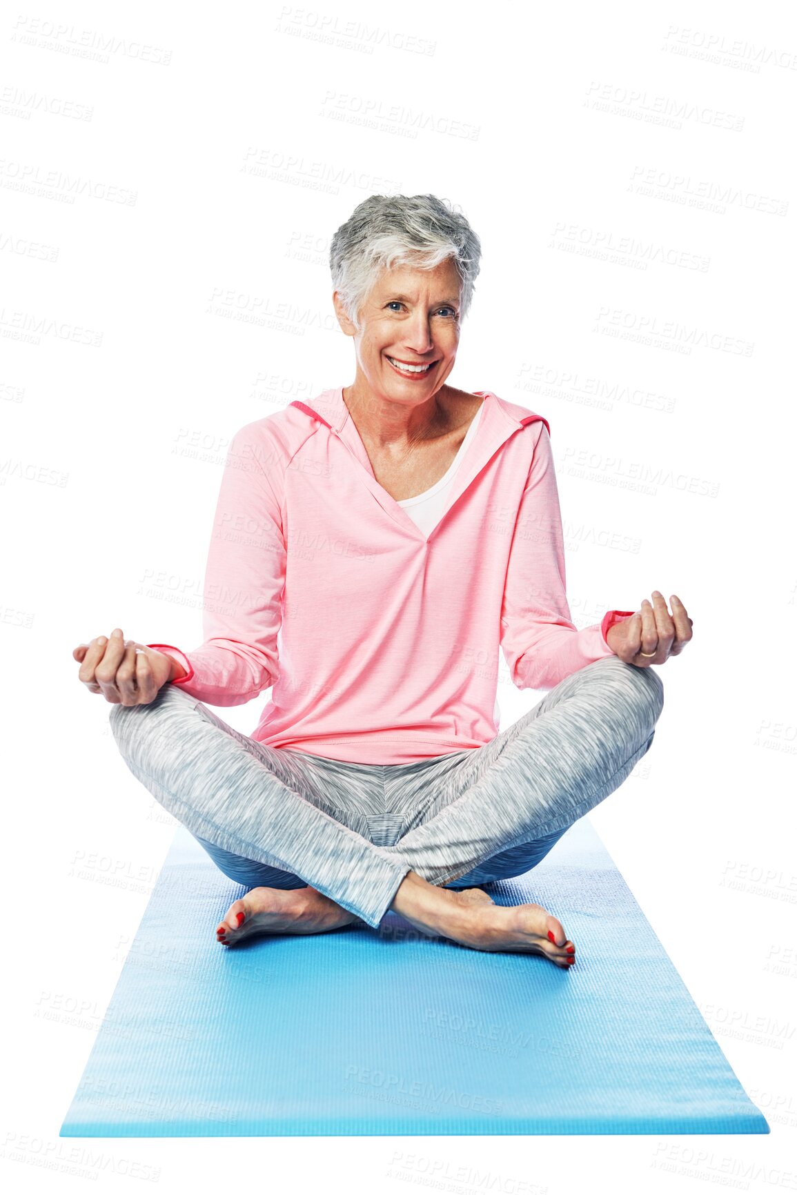 Buy stock photo Yoga, lotus and senior woman in portrait isolated on transparent, png background for happy health and wellness.. Relax, body and elderly person in meditation, faith and spiritual healing or workout