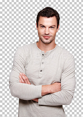A Handsome man, smile and arms crossed in focus with vision for happy ambition, goal or profile. Portrait of a isolated young male smiling with crossed arms on isolated on a png background