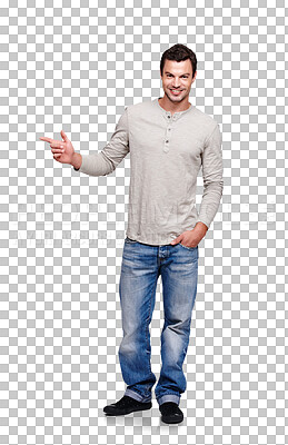A Portrait, pointing and mockup with a man model for branding. Point, marketing and advertising with a handsome male standing on blank porduct placement space isolated on a png background