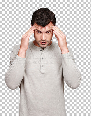 Mental health, headache and portrait of man with anxiety problem, burnout fatigue and depressed over mistake. Medical healthcare crisis, sad depression and model migraine on isolated on a png background