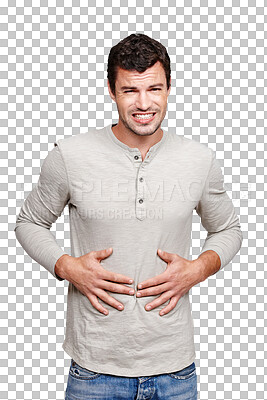Hungry, sick and portrait of a man with a stomach problem. Stress, pain and person with a stomachache, abdominal pain or painful ibs on a isolated on a png background