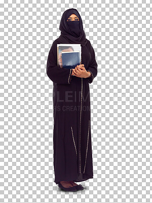 A Portrait, Islamic woman and books for studying, education and female. Muslim girl, lady and student in traditional clothes, academic and motivation for learning isolated on a png background