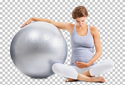 Pregnant mother, stomach and exercise ball on an isolated and transparent png background for fitness, pilates and wellness. Pregnancy and woman workout for healthy body and yoga training