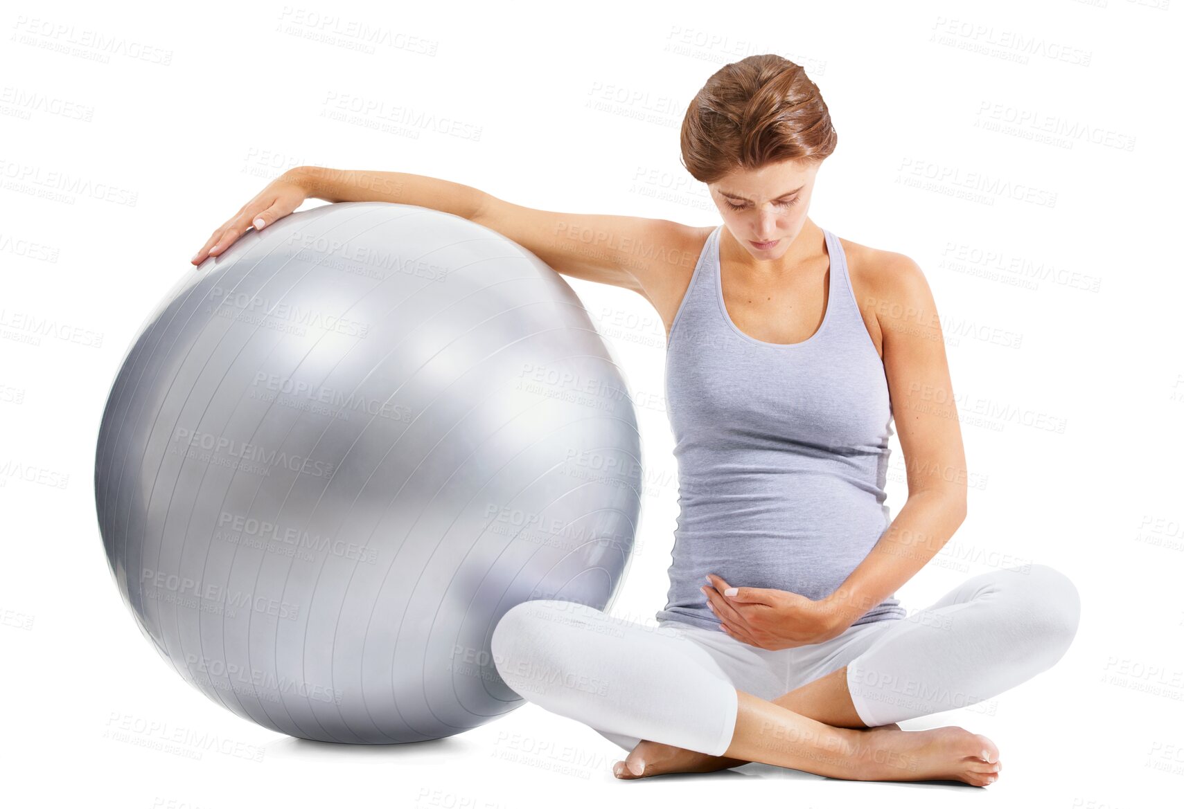 Buy stock photo Pregnant mother, stomach and exercise ball isolated on a transparent png background. Fitness, pilates and wellness of woman in maternity or pregnancy in workout for healthy body and yoga training