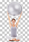 Pregnant woman, smile and exercise ball on an isolated and transparent png background for fitness, pilates and wellness. Pregnancy workout for healthy maternity, yoga training and body