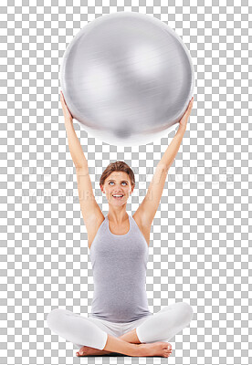 Pregnant woman, smile and exercise ball on an isolated and transparent png background for fitness, pilates and wellness. Pregnancy workout for healthy maternity, yoga training and body