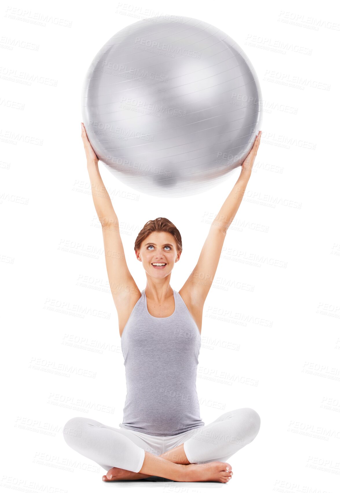 Buy stock photo Pregnant woman, holding exercise ball and gym for training, wellness and self care by png background. Isolated model, pregnancy and workout with smile for yoga lotus, pilates or muscle development