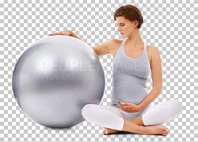 Pregnant, woman and fitness ball on an isolated and transparent png background for exercise, pilates and wellness. Pregnancy and mother workout for healthy body and yoga training