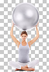 Pregnant woman, portrait and exercise ball on an isolated and transparent png background for fitness, pilates and wellness. Pregnancy workout for healthy maternity, yoga training and body