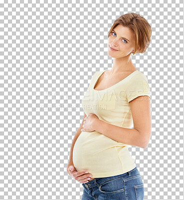 Buy stock photo Happy, portrait and pregnant woman holding her stomach with love and smile for pregnancy. Mother, care and young maternal female model touching her baby belly isolated by transparent png background.