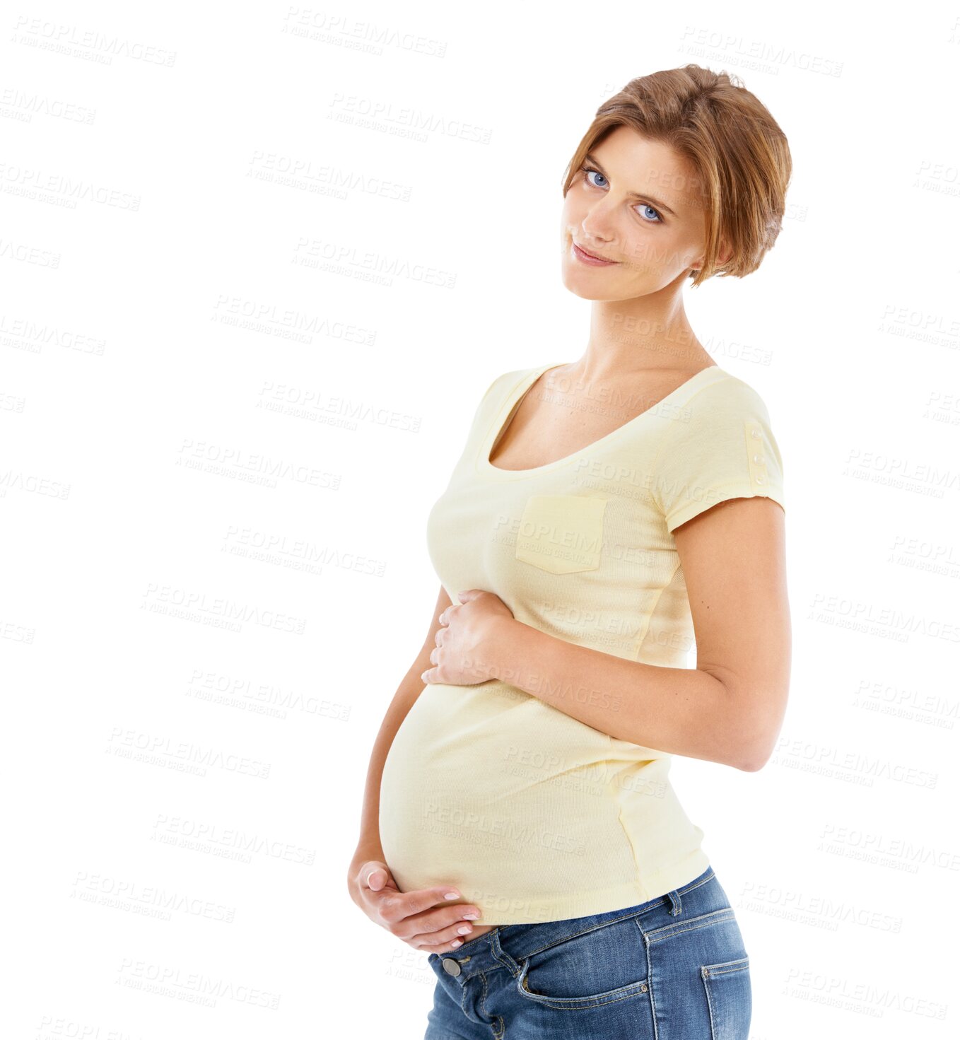 Buy stock photo Happy, portrait and pregnant woman holding her stomach with love and smile for pregnancy. Mother, care and young maternal female model touching her baby belly isolated by transparent png background.