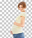 Pregnant woman, portrait and stomach holding with love and smile for pregnancy. Happy mother, wellness care and hands on abdomen with mama loving baby on an isolated, transparent png background