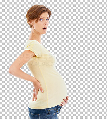 Pregnant woman, hands and stomach surprise portrait feeling baby kick for maternity wellness and mother love on an isolated, transparent png background. Healthy pregnancy, model and hand on mom belly