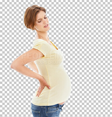 Woman, pregnant and back pain on an isolated and transparent png background with frustrated face, hands and massage. Model, mother and stomach with injury, backache or self care for wellness