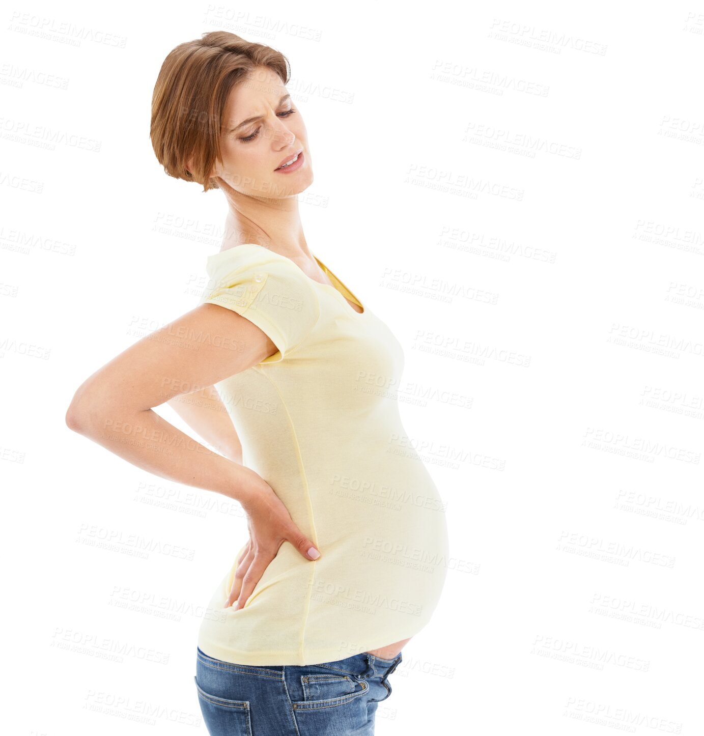 Buy stock photo Woman, pregnant and back pain from maternity isolated on a transparent png background. Frustrated face, hands and mother with pregnancy stomach suffering injury, backache or discomfort in healthcare