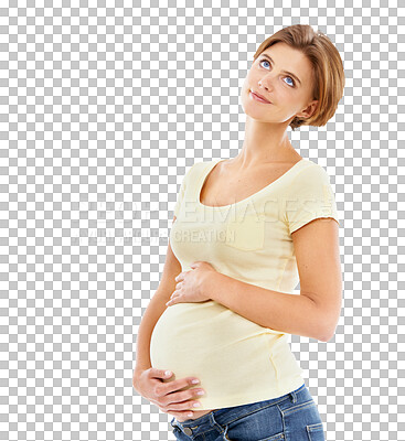 Thinking, portrait and woman pregnancy with stomach holding for love, care and smile. Calm and pregnant mother with loving hands on abdomen for baby on an isolated, transparent png background