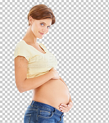 Buy stock photo Happy, smile and portrait of pregnant woman on png background for maternity, health and support. Happiness, care and calm with mother felling stomach and isolated on transparent for pregnancy love