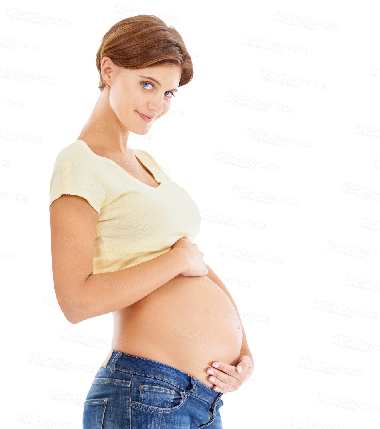 Buy stock photo Happy, smile and portrait of pregnant woman on png background for maternity, health and support. Happiness, care and calm with mother felling stomach and isolated on transparent for pregnancy love