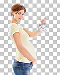 Pregnancy, clock and portrait of woman holding her stomach waiting for birth of baby. Maternity, prenatal and pregnant model with alarm for time or due date on an isolated, transparent png background