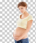 Woman, pregnancy and stomach hold portrait for baby love. Serious mom care, wellness and mother hands holding abdomen, loving new young mama empowerment on an isolated and transparent png background