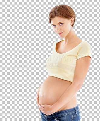Woman, pregnancy and stomach hold portrait for baby love. Serious mom care, wellness and mother hands holding abdomen, loving new young mama empowerment on an isolated and transparent png background