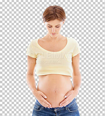 Buy stock photo Hope, love and stomach of pregnant woman on png background for health, care and support. Pregnancy, wellness and maternity with mother isolated on transparent for excited, abdomen and feeling