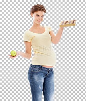 Pregnant, thinking and diet of woman with candy craving, choice and temptation. Pregnancy belly of girl choosing sweets with contemplating smile on an isolated and transparent png background