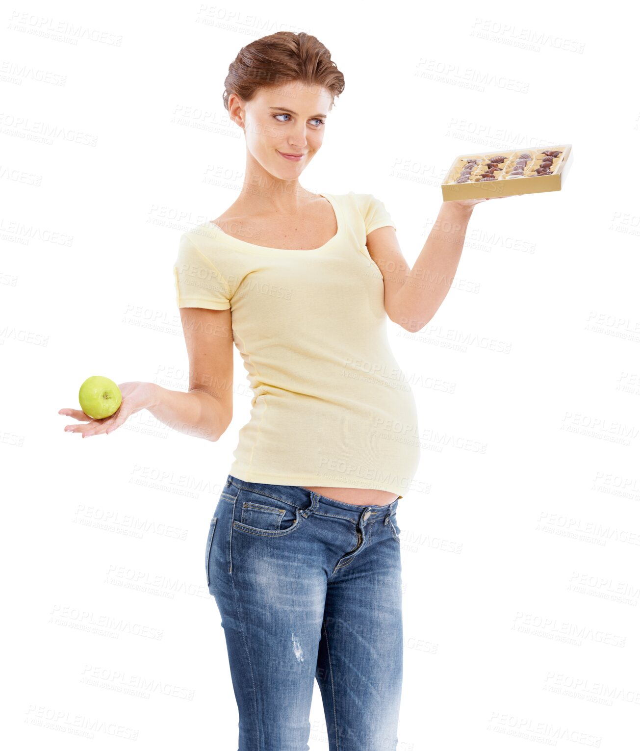 Buy stock photo Pregnant woman, chocolate and apple with decision, thinking and smile for diet by png background. Isolated model, pregnancy and mom with choice for candy, fruit and healthy nutrition with temptation