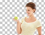 Diet, health and woman with an apple for nutrition, wellness and healthy weightloss. Natural, beauty and female model holding fruit on an isolated and transparent png background