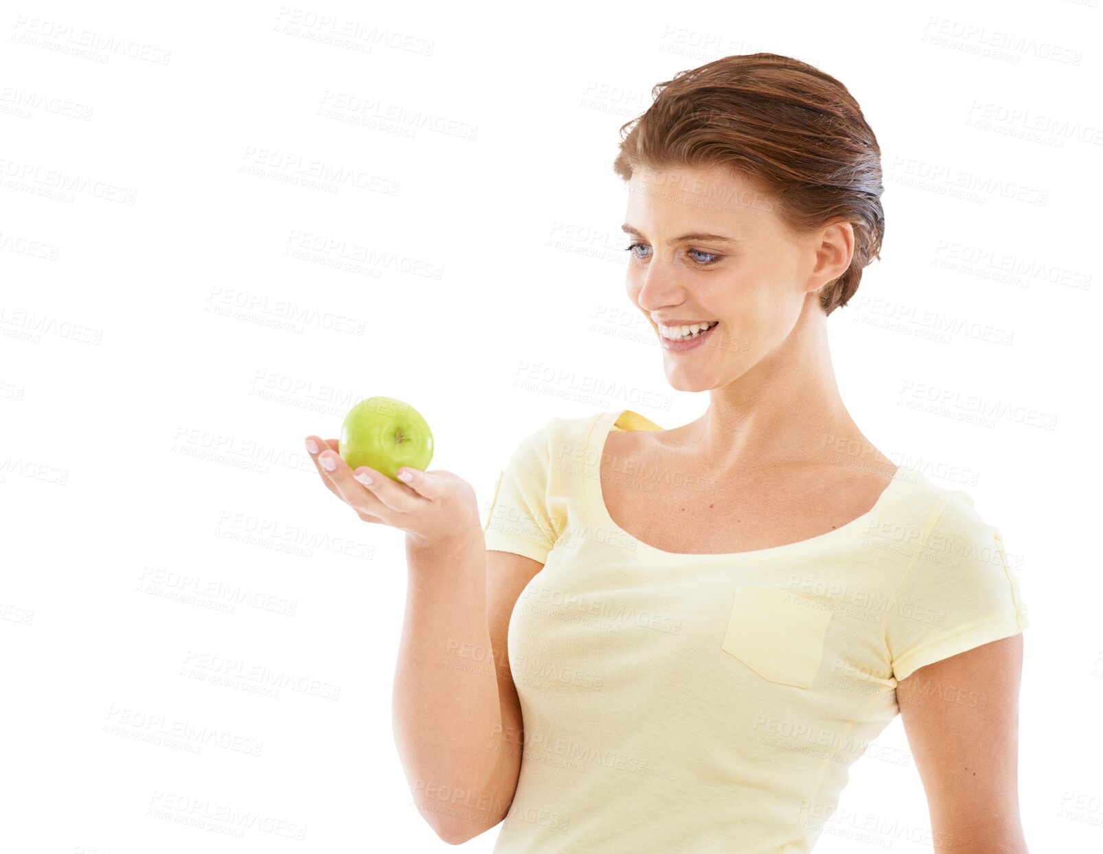 Buy stock photo Health, apple and smile with woman on png background for diet, nutrition and vitamins. Happy, food and fiber with female and fruit isolated on transparent for weight loss, natural and organic