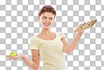 Pregnant, choice and diet decision of woman with candy craving in pregnancy, option and temptation. Nutrition model choosing sweets with contemplating smile on an isolated, transparent png background