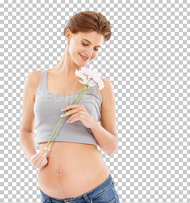 Buy stock photo Happy, smile and pregnant woman with flowers for pregnancy, love and self love. Health, mother and young maternal female model with a blooming floral bouquet isolated by transparent png background.