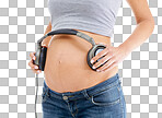 Hands, headphones and pregnant stomach with woman on an isolated and transparent png background for wellness, relax and baby. Pregnancy music, streaming and model with audio on abdomen for health