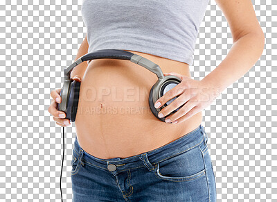 Hands, headphones and pregnant stomach with woman on an isolated and transparent png background for wellness, relax and baby. Pregnancy music, streaming and model with audio on abdomen for health