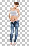 Body of a pregnant woman on an isolated and transparent png background, happy with pregnancy health, growth and development. Healthcare, wellness and an excited mother, hand holding stomach