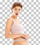 Portrait, surprise and shocked pregnant woman with measure tape on stomach on an isolated, transparent png background. Health, wellness and pregnancy, surprised by growth progress of baby in belly