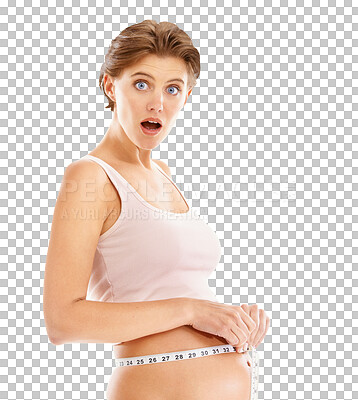 Buy stock photo Surprise, measure and portrait of pregnant woman on png background for size, health or growth. Wow, shocked and maternity with mother and tape isolated on transparent for progress, pregnancy or belly