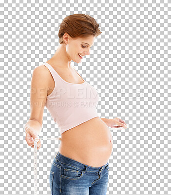 Woman, pregnancy stomach and measure tape for baby wellness, healthcare support and lifestyle motivation on an isolated, transparent png background. Mother and maternity wellbeing or measuring belly