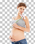 Flowers, pregnant woman and portrait for pregnancy skincare and beauty cosmetics. Healthcare, natural wellness and mother hand on stomach on an isolated and transparent png background