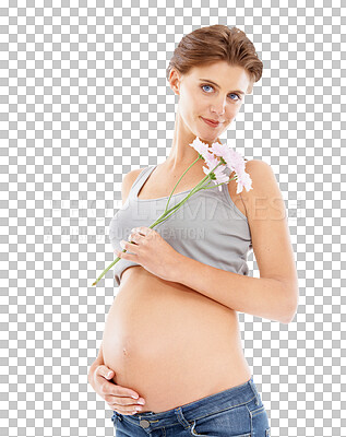 Flowers, pregnant woman and portrait for pregnancy skincare and beauty cosmetics. Healthcare, natural wellness and mother hand on stomach on an isolated and transparent png background
