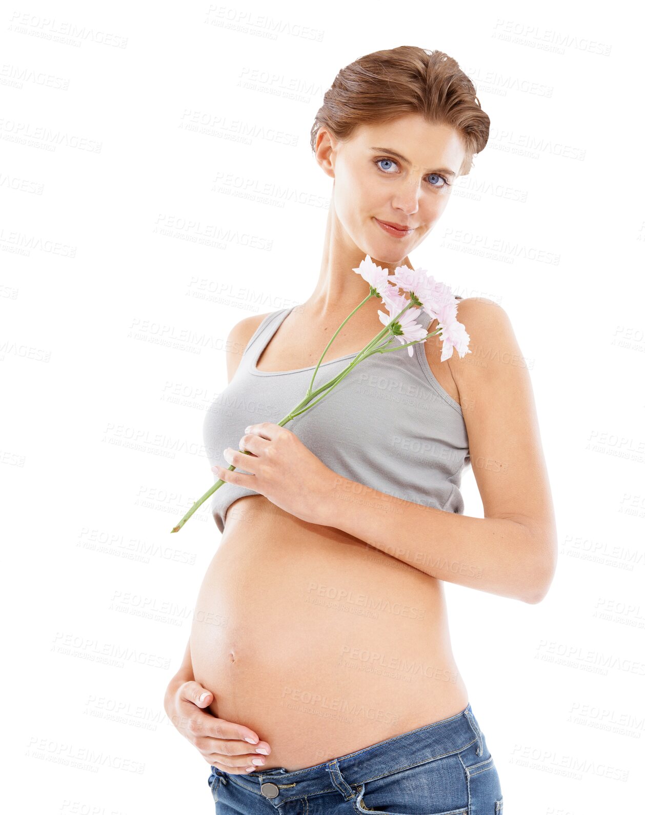 Buy stock photo Happy, love and portrait of pregnant woman with flowers holding her belly with care and happiness. Health, mother and female model with blooming floral bouquet isolated by transparent png background.