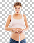 Portrait of shocked pregnant woman with measuring tape on stomach on an isolated, transparent png background. Health, wellness and pregnancy, girl measure baby growth progress in belly