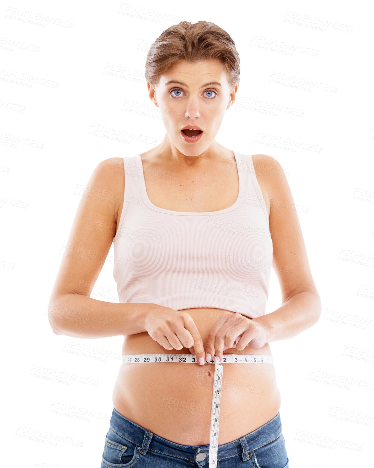 Buy stock photo Shocked, measure and portrait of pregnant woman on png background for size, health or growth. Excited, care and maternity with mother and tape isolated on transparent for progress, pregnancy or belly