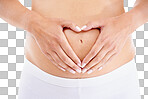 Pregnant woman, stomach and hands heart for baby, mother love and security support on an isolated, transparent png background. Pregnancy wellness and hand frame abdomen for healthcare or growth