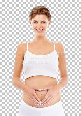 Pregnancy, portrait and mom with a heart on her stomach for prenatal care, love and happiness. Wellness, health and happy pregnant model holding her tummy on an isolated, transparent png background