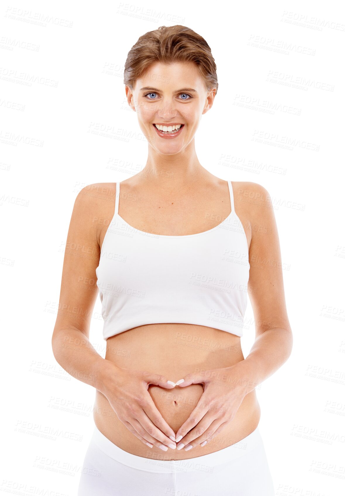 Buy stock photo Heart, hands and portrait for pregnant woman, love or care with wellness, smile and png background. Isolated model, gesture and excited mother with natural development, healthy growth and pregnancy